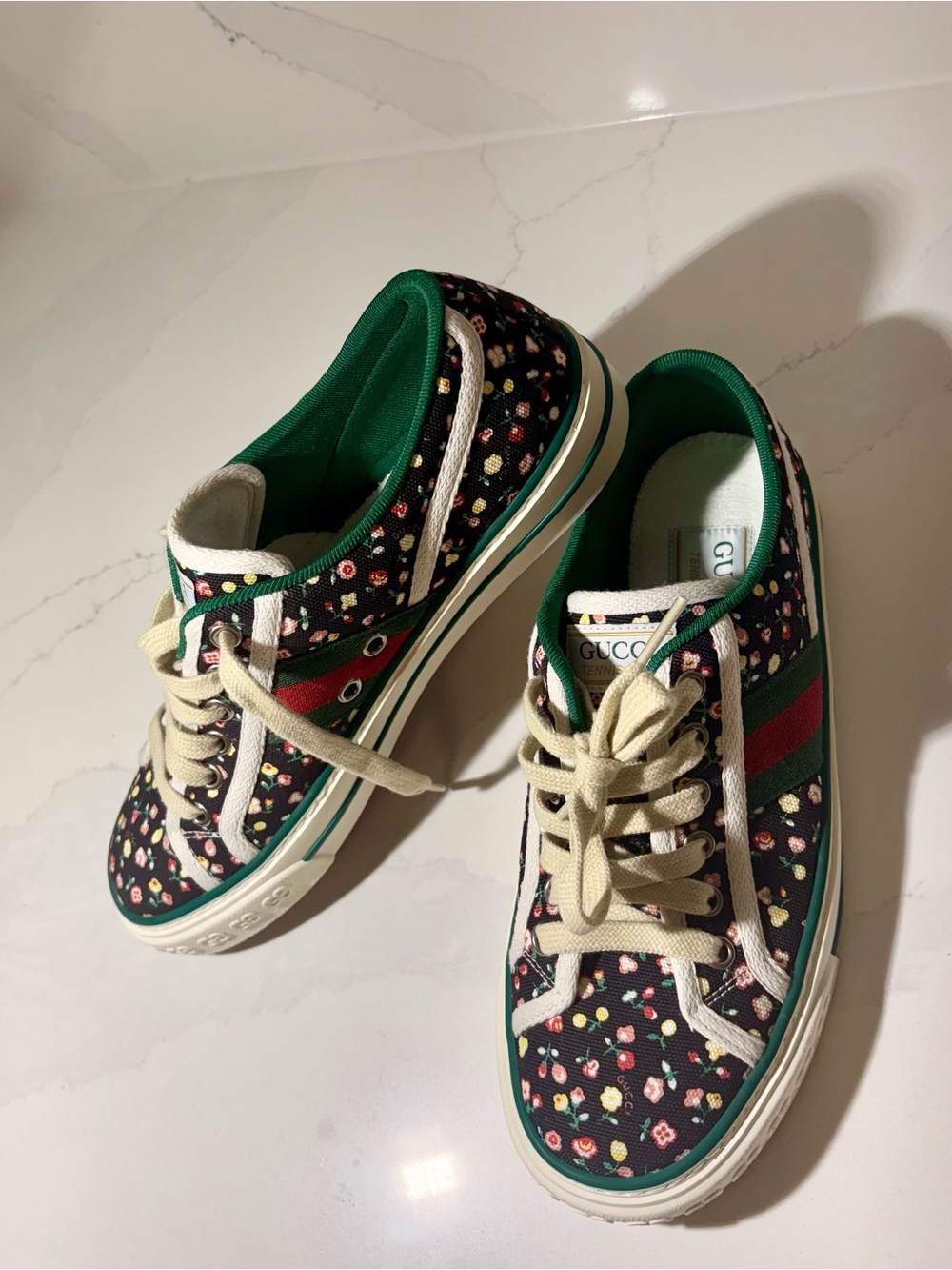 Gucci Navy Floral Ace Sneakers with Red & Green Web - Picture 2 of 3